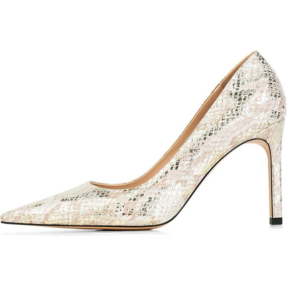 Women's Beige Gold Synthetic Snake Skin Pumps Pointed Toe Stiletto Slip On Heels - Picture 2 of 7